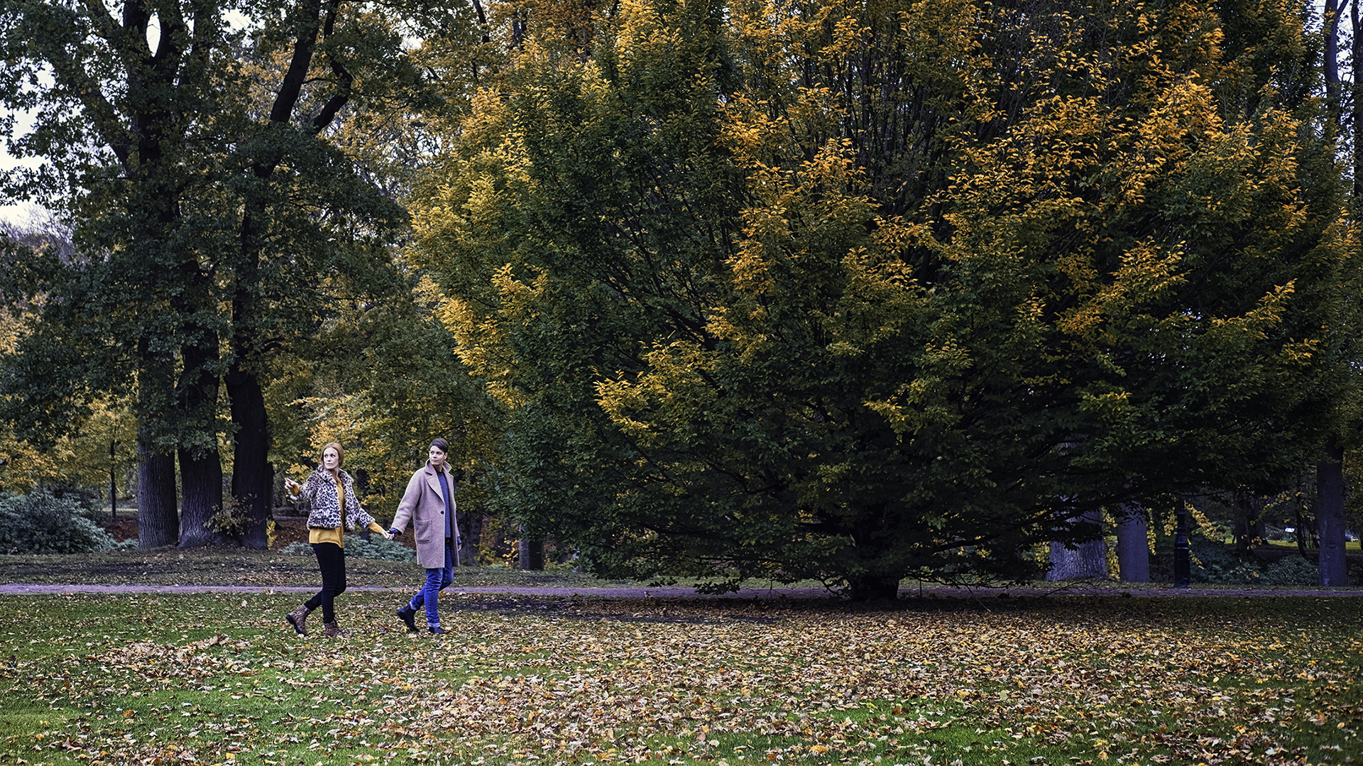 Två personer promenerar i slottsträdgården.