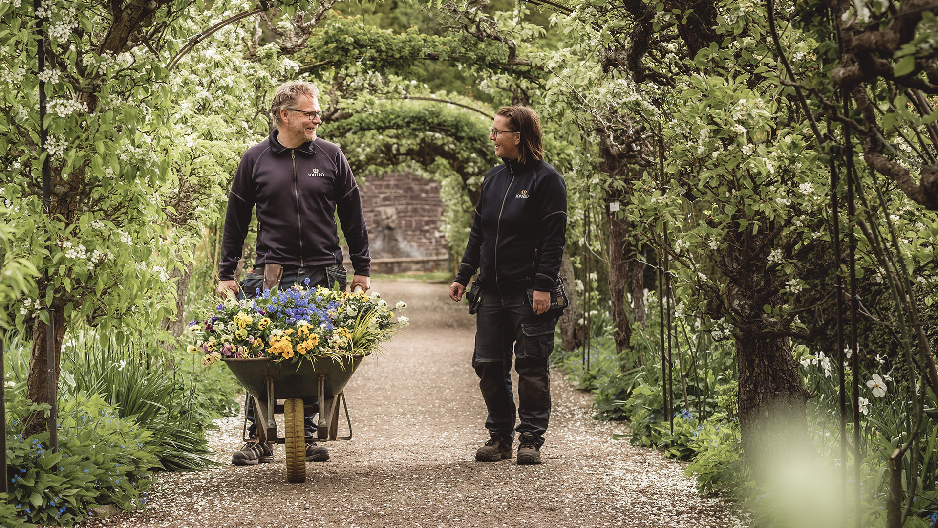 Två trädgårdsmästare i pergolagången på Sofiero.